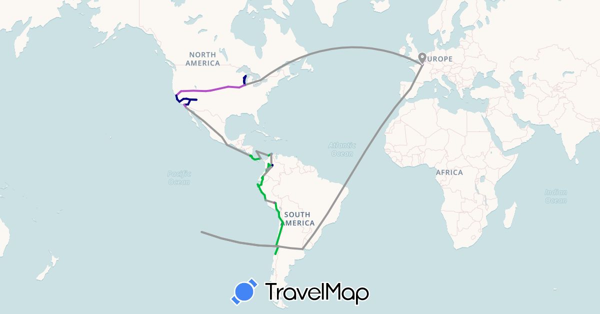 TravelMap itinerary: driving, bus, plane, train, hiking, boat in Argentina, Canada, Chile, Colombia, Costa Rica, Ecuador, Spain, France, Mexico, Panama, Peru, United States (Europe, North America, South America)